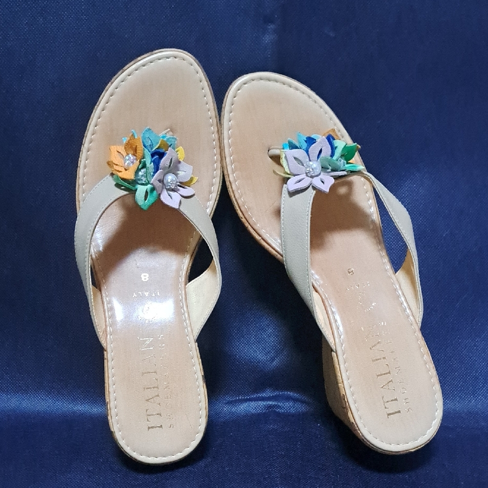Italian Shoemakers Women's Sandals with Floral Accents - Cream and Multicolor